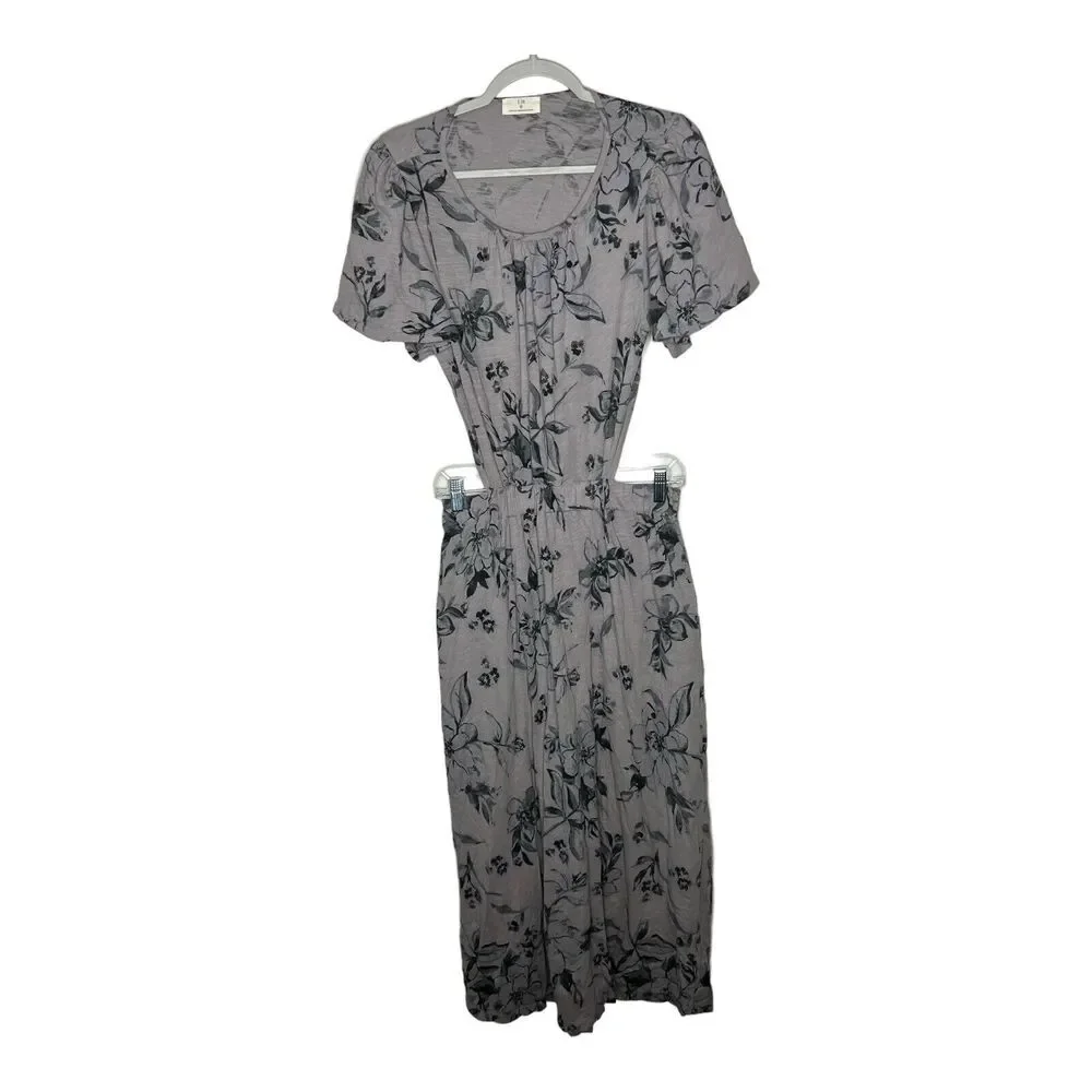 Anthropologie T.La Dress Small Open Back Cut Out Maxi Floral Gray Short Sleeve‎